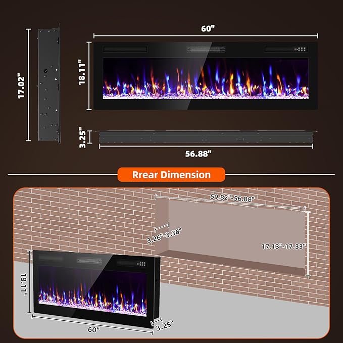 Narrow Bezel Electric Fireplace-60 inch Fireplace Wall Mount/Recessed-Ultra - Image 2