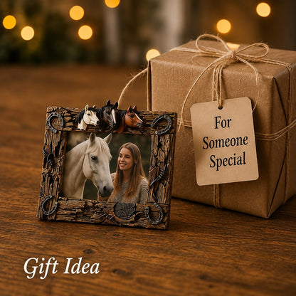 Comfy Hour Horse Figurine Photo Frame 10.7 Inch, Western Picture Frame for 5x7 Photos, Rustic Brown Resin Cowboy Decor for Desk, Mantel, Office
