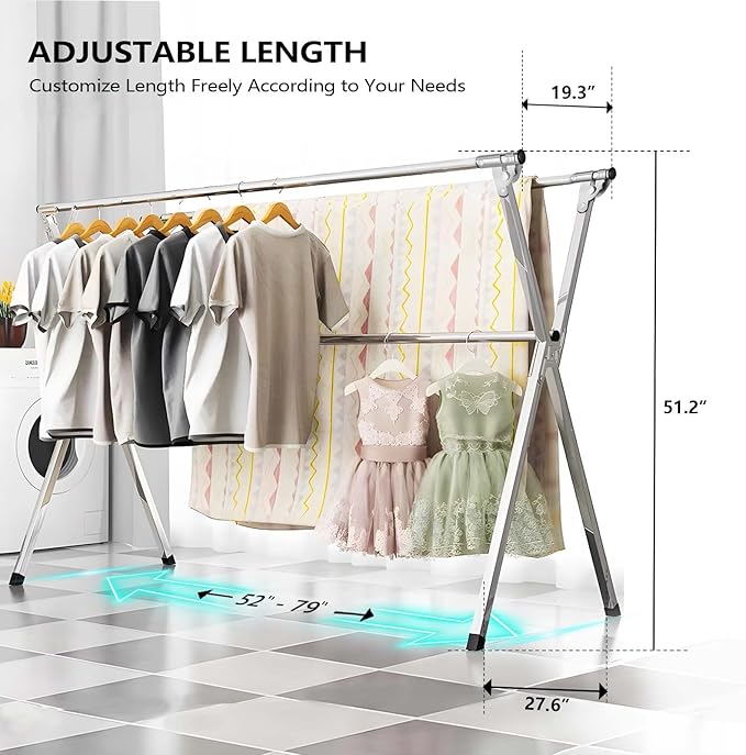 URYAN 79 Inches Stainless Steel Clothes Drying Rack, Heavy Duty Laundry Drying - Image 3