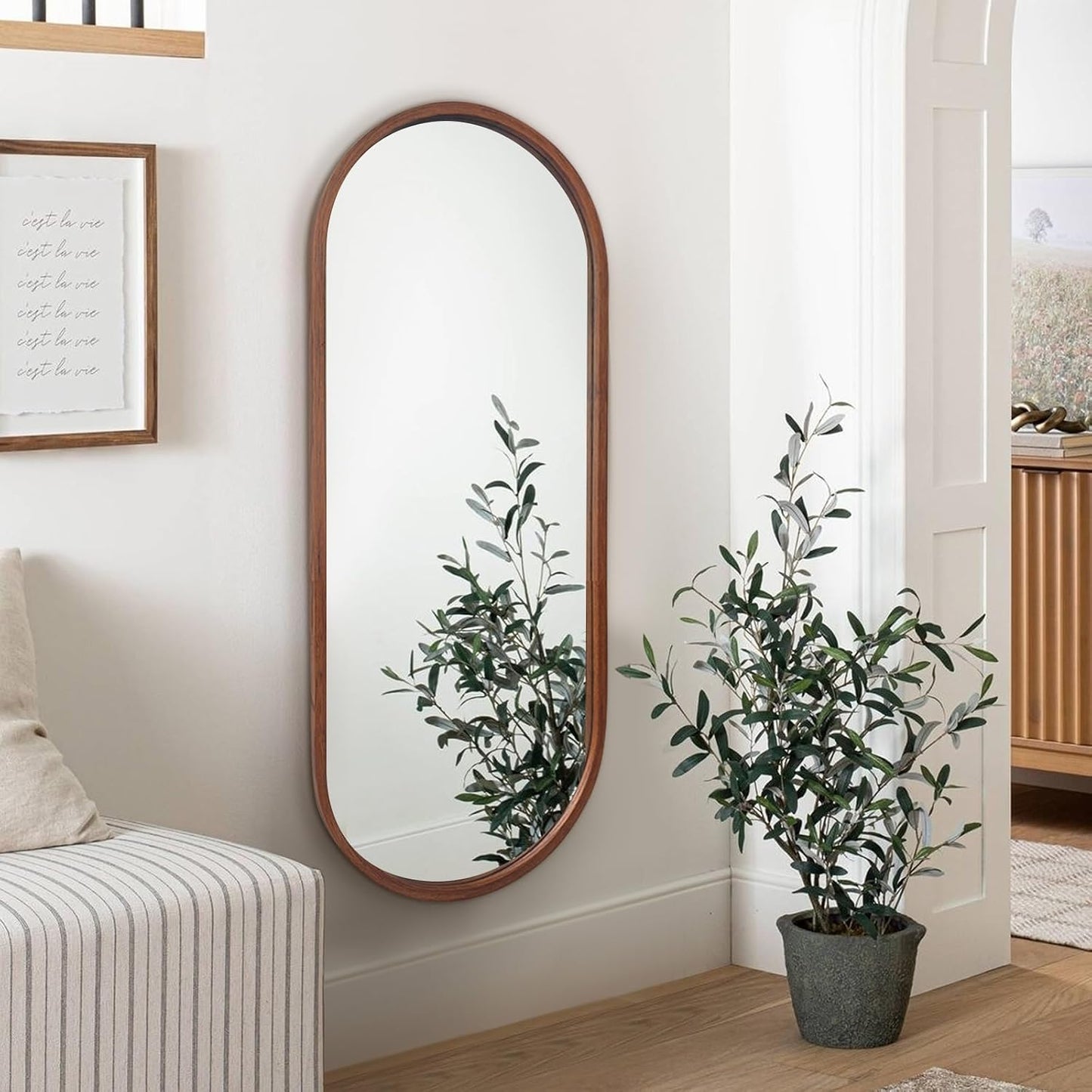 Oval Full Length Mirror, 48"X24" Wood Wall Mirror, Walnut | HD Shatter-Proof, Wall Mounted Mirror for Home Decor, Bedroom Living Room Entryway Coloakroom, Horizontal/Vertical