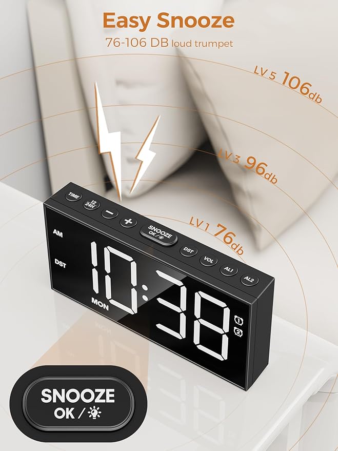 PPLEE Alarm Clock for Bedroom, Upgrade Digital Clock Large Bold Number - Image 3