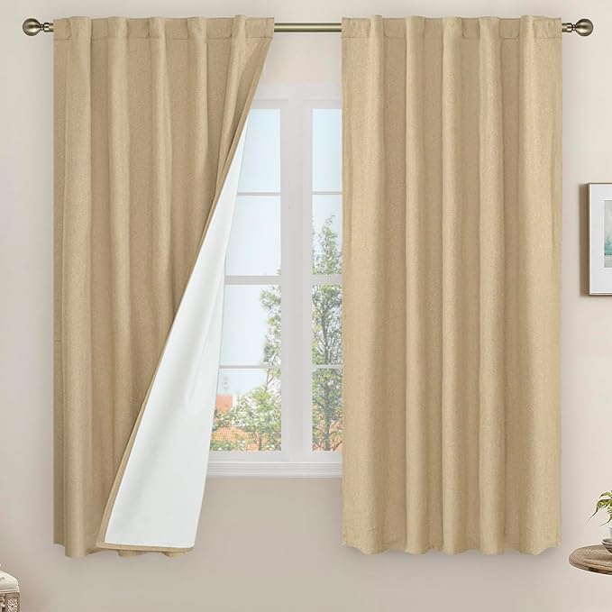 LAMIT 100% Blackout Linen Curtains, 63 Inches Linen Textured Thermal Bedroom by LAMIT