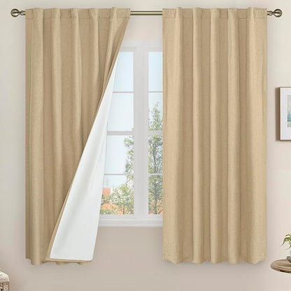 LAMIT 100% Blackout Linen Curtains, 63 Inches Linen Textured Thermal Bedroom by LAMIT