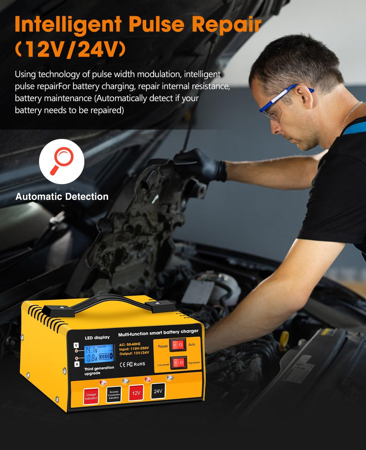 Car Battery Charger,12V-12A/24V-8.5AMH Smart Automatic Battery Charger,High/L...