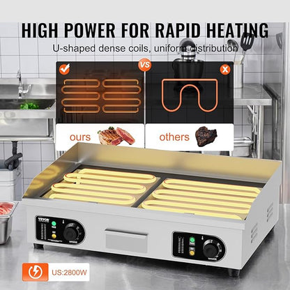 VEVOR Commercial Electric Griddle, 2800W Countertop Flat Top Grill, 122℉-572 ℉ - Image 3