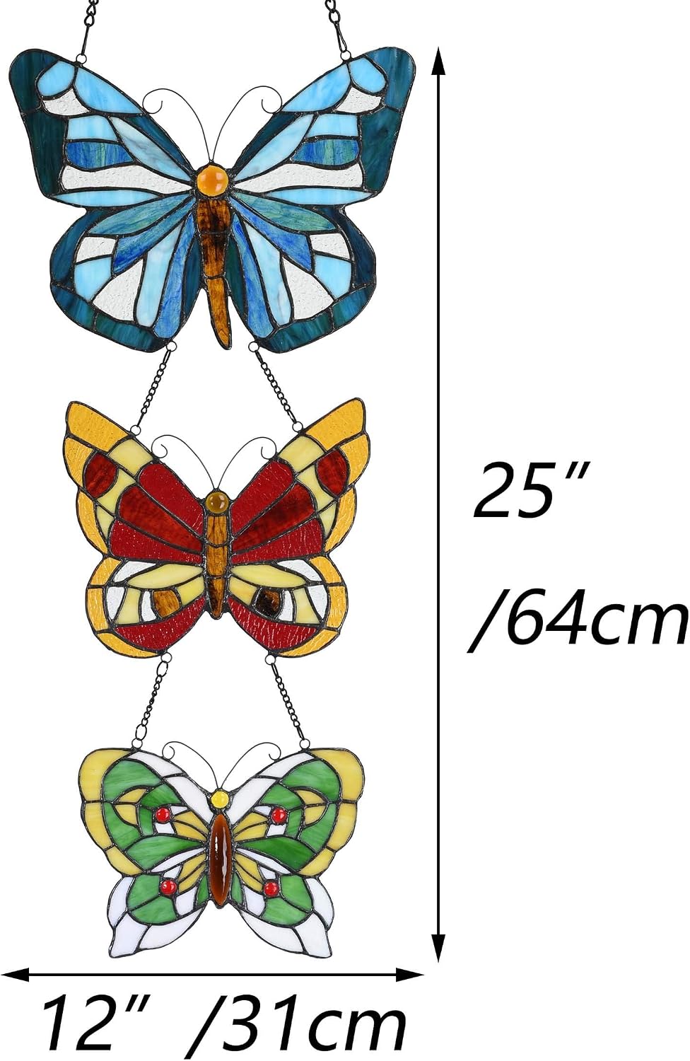 Bieye W10053 Butterfly Tiffany Style Stained Glass Window Panel with 3 Pieces Hanging Successively Within Chains, 12" W x 25" H