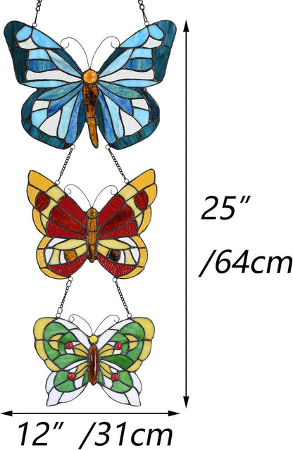 Bieye W10053 Butterfly Tiffany Style Stained Glass Window Panel with 3 Pieces Hanging Successively Within Chains, 12" W x 25" H