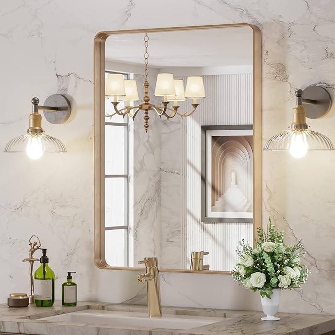 LOAAO 22”X30” Gold Bathroom Mirror, Rounded Rectangle Gold Frame Mirror by LOAAO