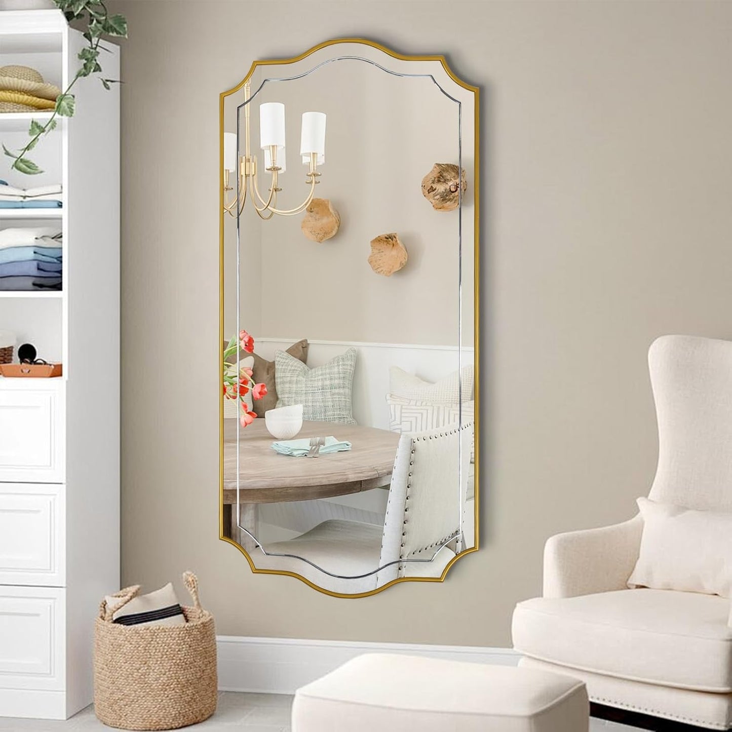 POZINO 47"x24" Large Scalloped Wall Mirror with Gold Wood Frame | Irregular Rectangle Design, Horizontal/Vertical Hanging, Elegant Wavy Wall Mirror for Entryway Bedroom Bathroom Living Room