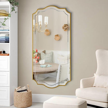 POZINO 47"x24" Large Scalloped Wall Mirror with Gold Wood Frame | Irregular Rectangle Design, Horizontal/Vertical Hanging, Elegant Wavy Wall Mirror for Entryway Bedroom Bathroom Living Room