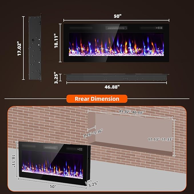 Narrow Bezel Electric Fireplace-50 inch Fireplace Wall Mount/Recessed-Ultra - Image 2