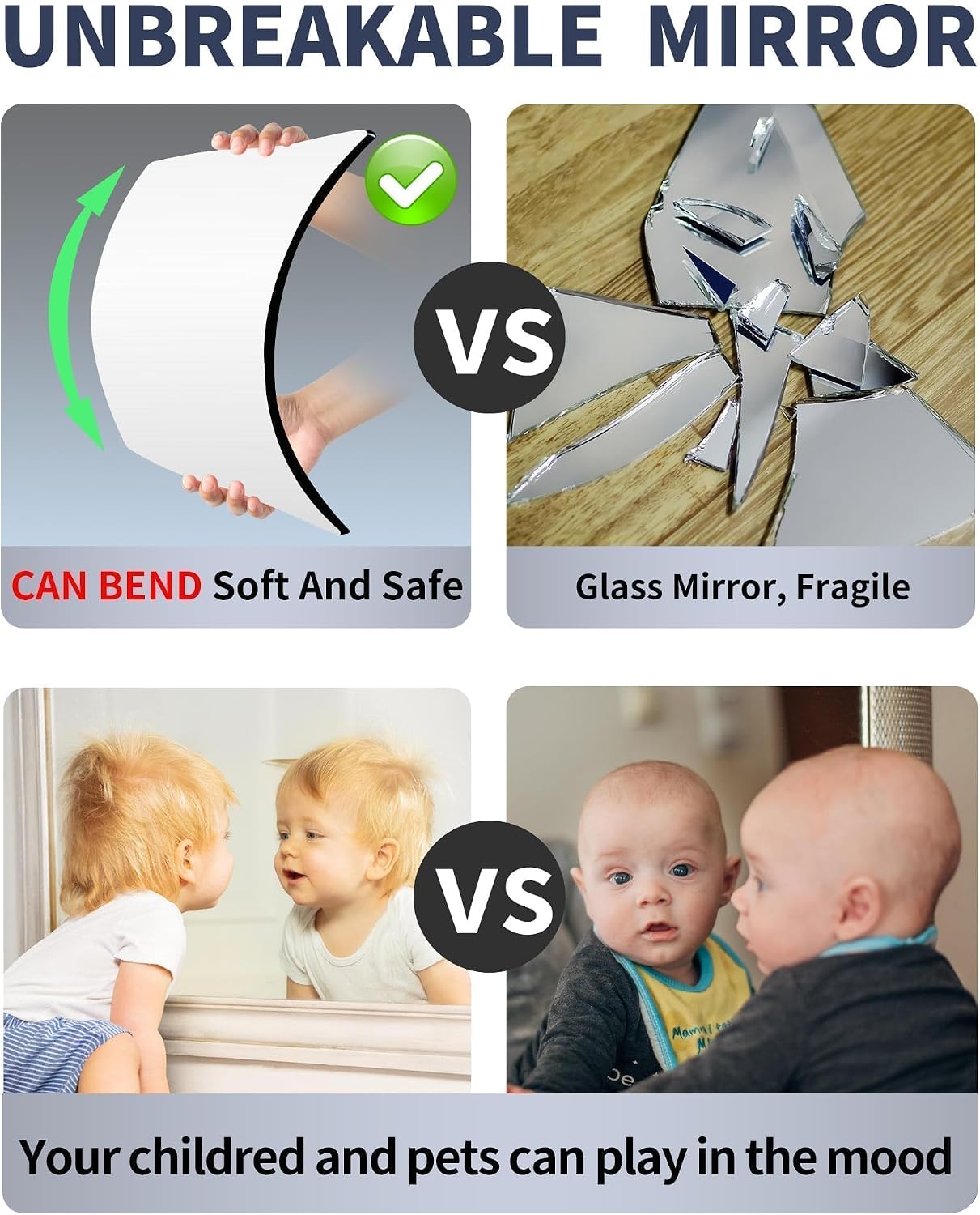 Unbreakable Door Mirror Full Length,Full Body Mirror for Kids, 4PCS x 14 x 14 inch About, Shatterproof Plexiglass Long Mirrors for Bedroom Closet, Children Plastic Mirrors Non Glass Stick on Miroir