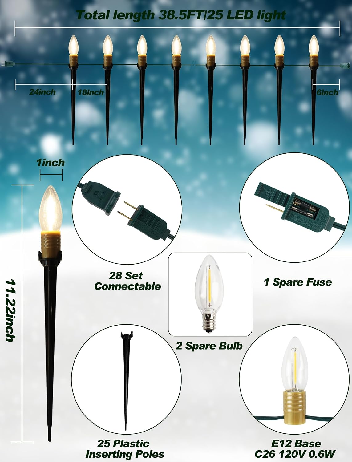 38.5FT Christmas Pathway Lights Outdoor, 25PK LED C26 Yard Stake Lights
