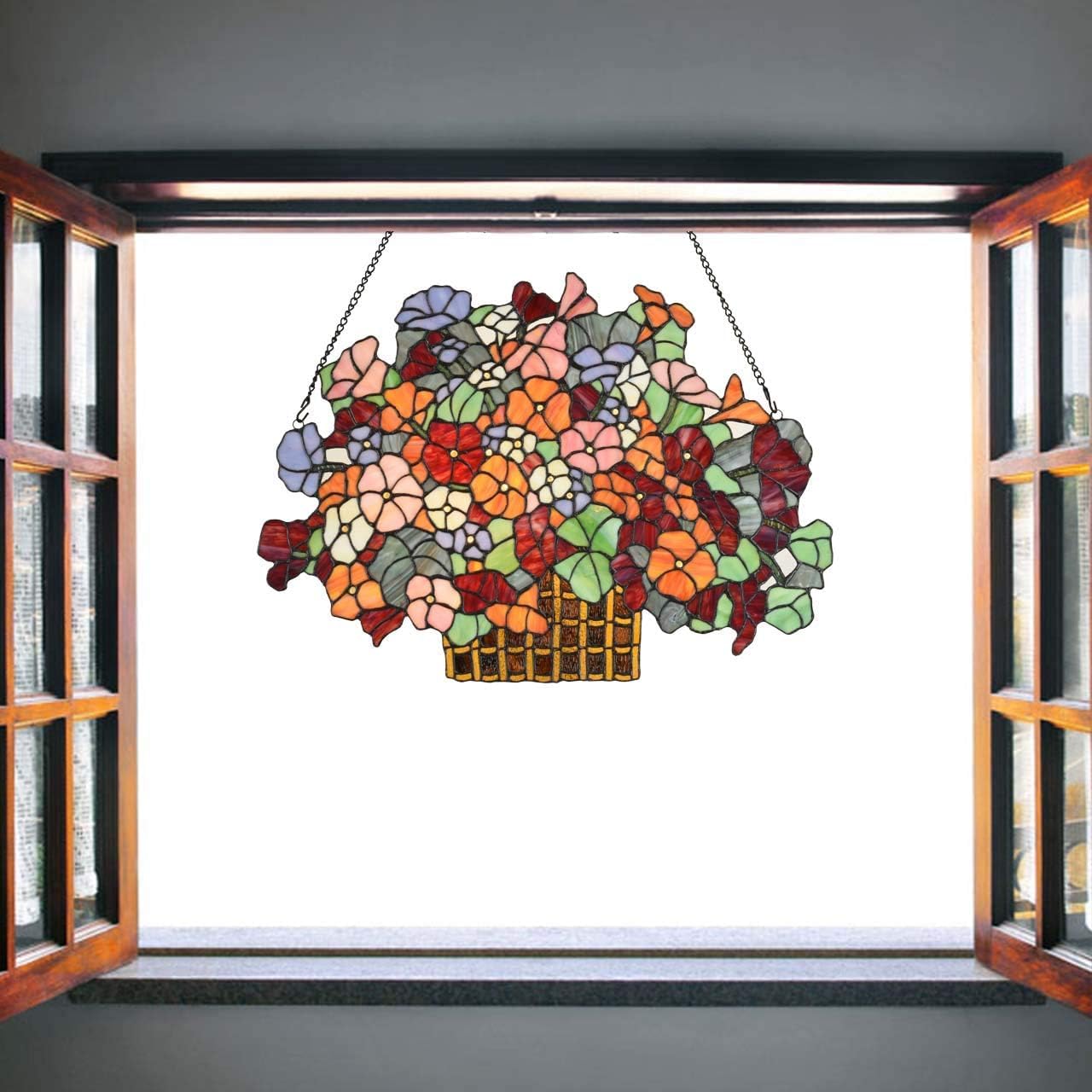 Bieye W10036 Forget-me-nots Flower Myosotis Decorated Basket Tiffany Style Stained Glass Window Panel with Chain, 24" W x 17" H