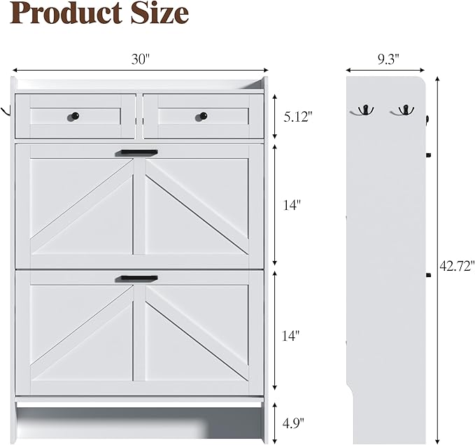 Shoe Cabinet with 2 Flip Drawers & 2 Storage Drawers, Rustic Farmhouse Narrow - Image 2