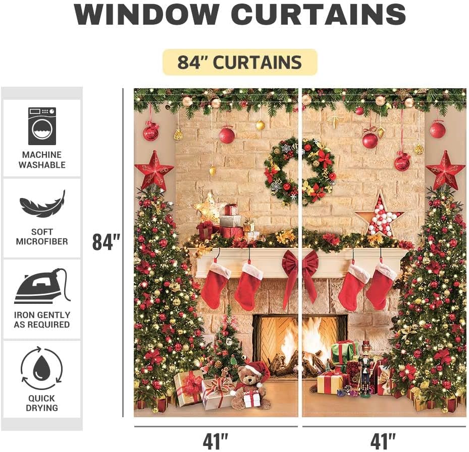 Funnytree Christmas Fireplace Window Curtains for Kids Merry Xmas Winter New Year's Eve Tree Gifts Holiday Baby Bedroom Nursery Toddler Home Party Decor Durable Fabric Machine Washable 82 in x 84 in