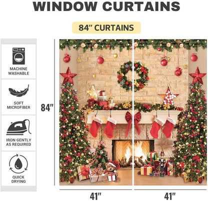 Funnytree Christmas Fireplace Window Curtains for Kids Merry Xmas Winter New Year's Eve Tree Gifts Holiday Baby Bedroom Nursery Toddler Home Party Decor Durable Fabric Machine Washable 82 in x 84 in
