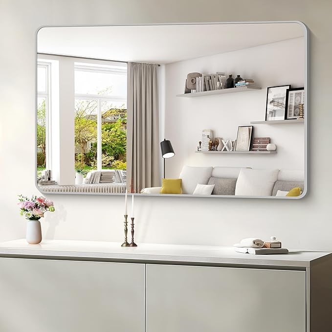 55x36 Inch Silver Bathroom Mirror, Large Rectangular Vanity Mirror, Metal - Image 6