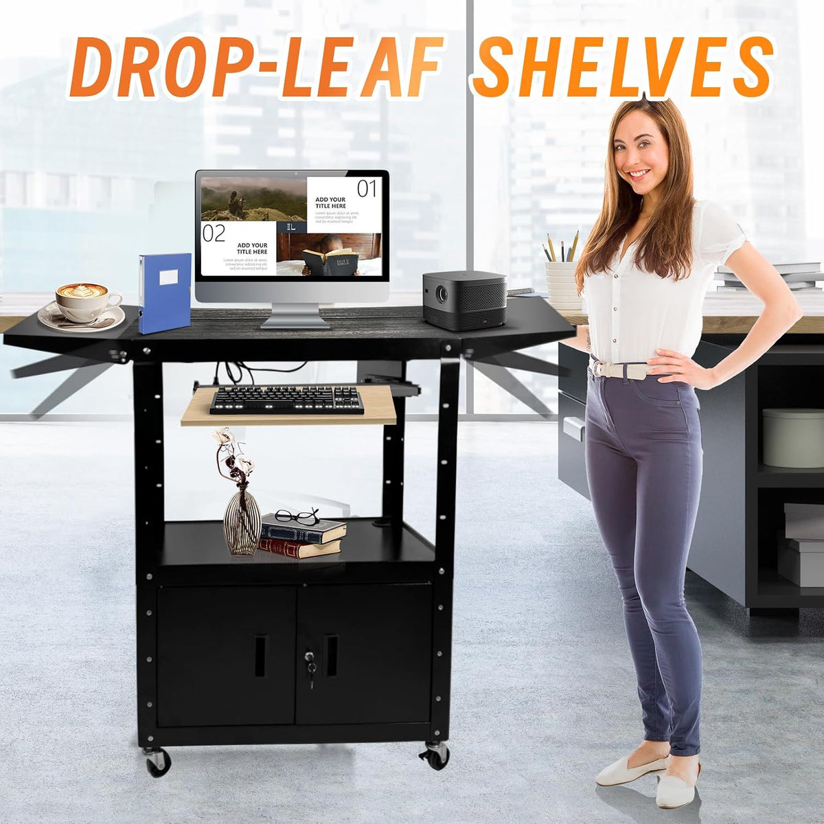 Large Steel AV Cart with Locking Cabinet and Pullout Keyboard Tray, Adjustabl...