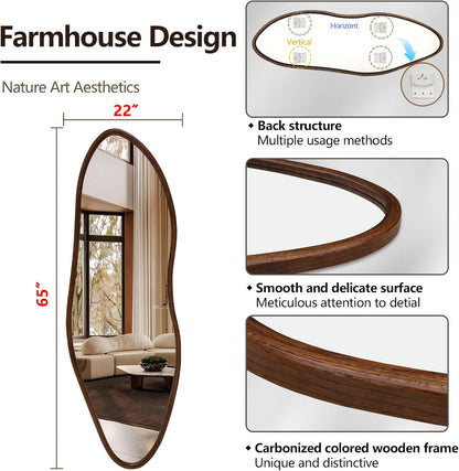 Irregular Full Length Mirror, 65"x22" Wood Full Body Mirror Walnut | HD Shatter-Proof, Large Asymmetrical Wall Mirrors for Decor, Bedroom Living Room Entryway Cloakroom, Horizontal/Vertical