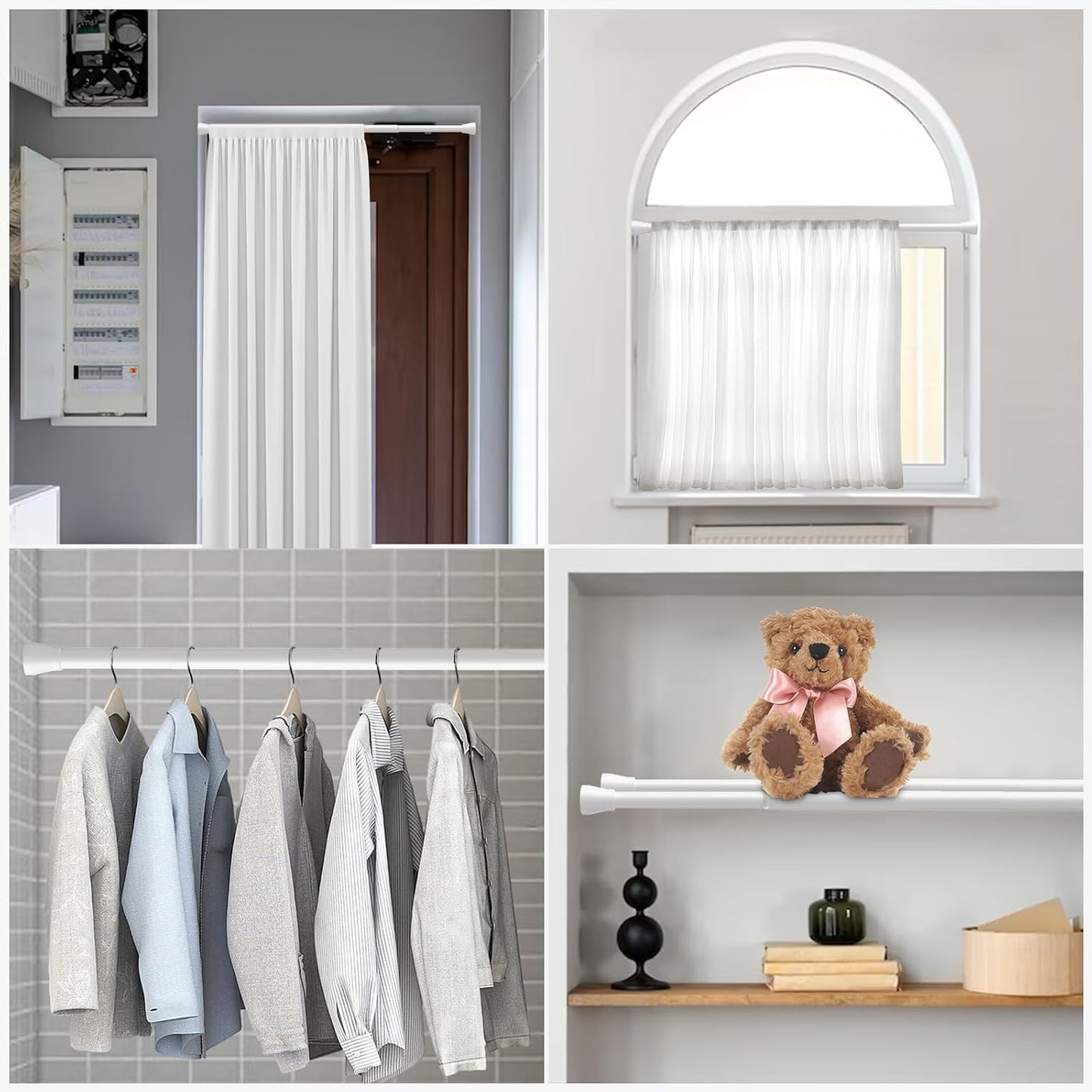 2PCS White Tension Curtain Rod 16 to 26 Inch Adjustable No Drilling | Rust-Resistant, No Slip, Small Spring Curtain Rods for Window, Kitchen, Closet, Cupboard, Bookshelf & DIY Projects