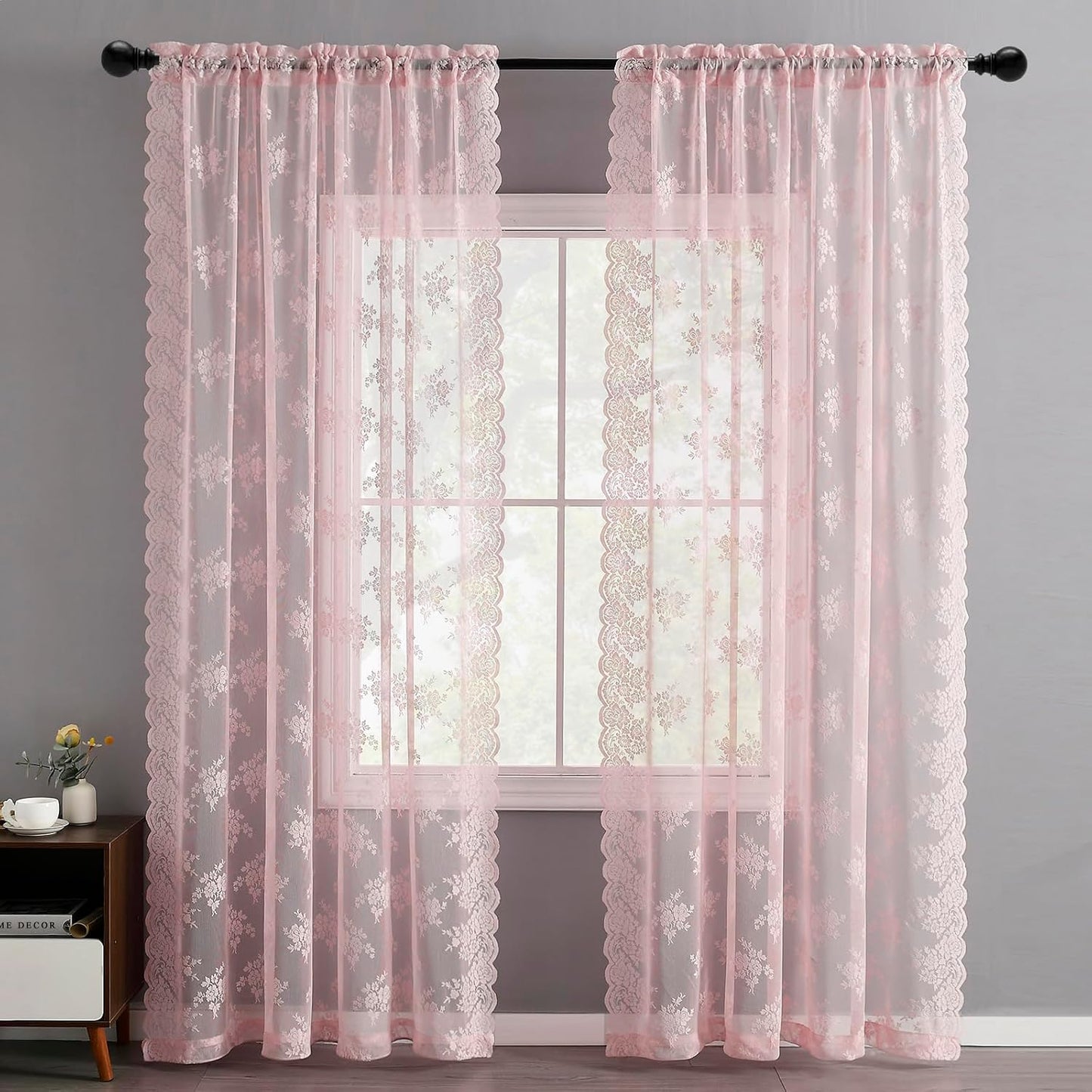 Kotile Vintage Pink Lace Curtains for Bedroom 42 x 63 Inch, 2 Panels | Rod Pocket, Knitted Openwork Texture, Softened Daylight, Soft Whimsical Mood, Versatile Mid-Length Look, Privacy