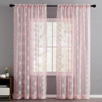 Kotile Vintage Pink Lace Curtains for Bedroom 42 x 63 Inch, 2 Panels | Rod Pocket, Knitted Openwork Texture, Softened Daylight, Soft Whimsical Mood, Versatile Mid-Length Look, Privacy