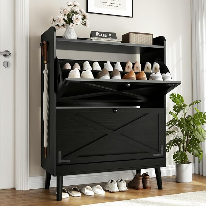 Shoe Storage Cabinet with 2 Flip Drawers & Adjustable Shelves, Freestanding by Wanfuder