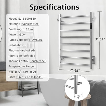P&Bhusri Heated Towel Rack for Bathroom, Wall Mounted Electric Towel Rack - Image 7