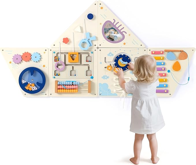 Tangram Activity Wall Busy Board Panels, 12-in-1 Learning Activity Center by Pillowhaletoys