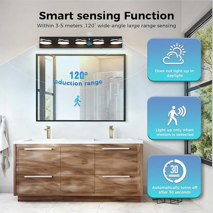 32" Motion Sensor Vanity Light, Matte Black 3CCT 5-Light Modern LED Bathroom - Image 3
