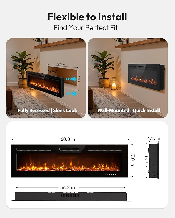 EUHOMY 60 Inch Electric Fireplace Recessed Wall Mounted - Image 3