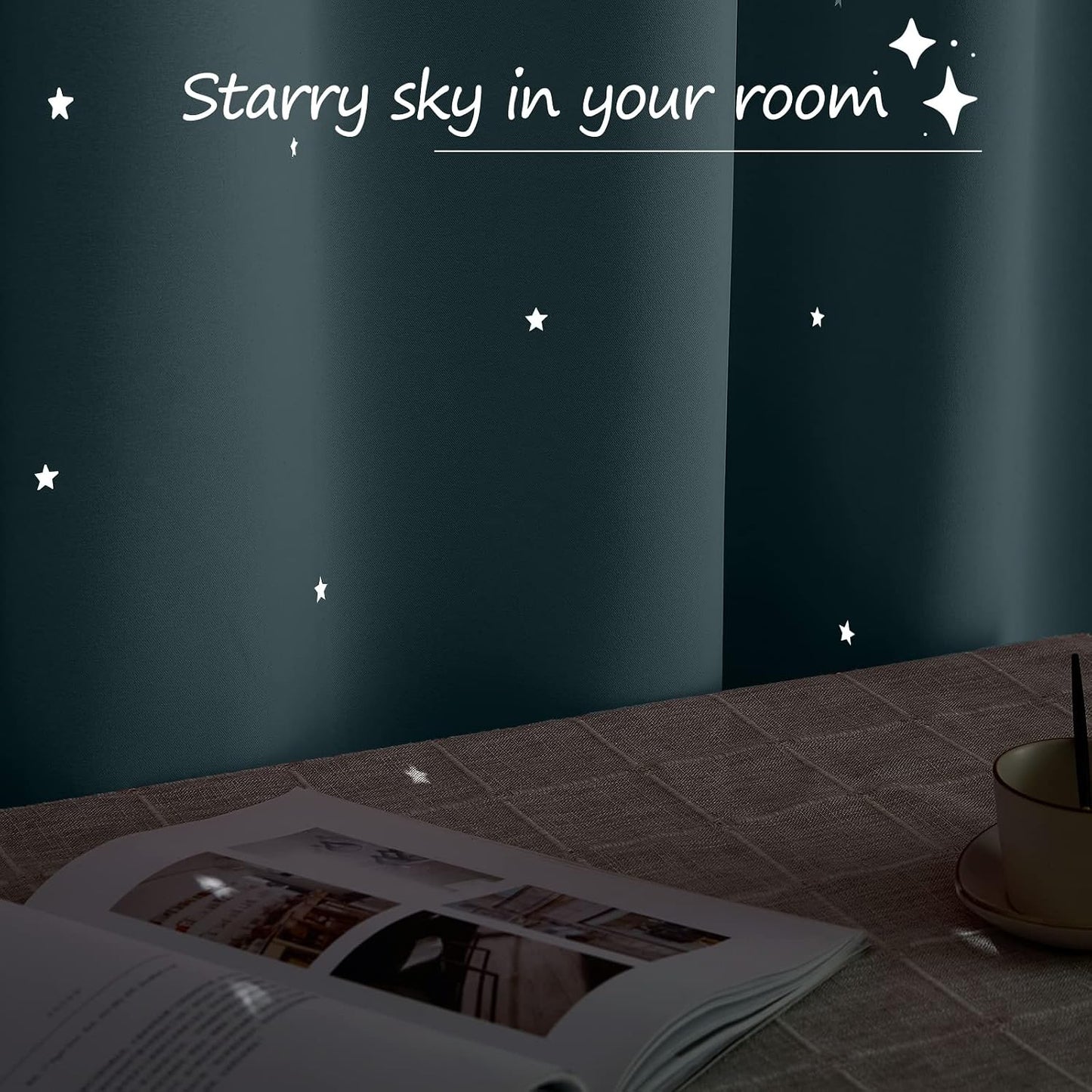NICETOWN Nursery Blackout Curtains for Bedroom, 2 Panels, Stormy Sea, 42x63 | 63 inches Long Star Cut Out Kids Soundproof Thermal Insulated Cute Galaxy Grommet Curtains for Window