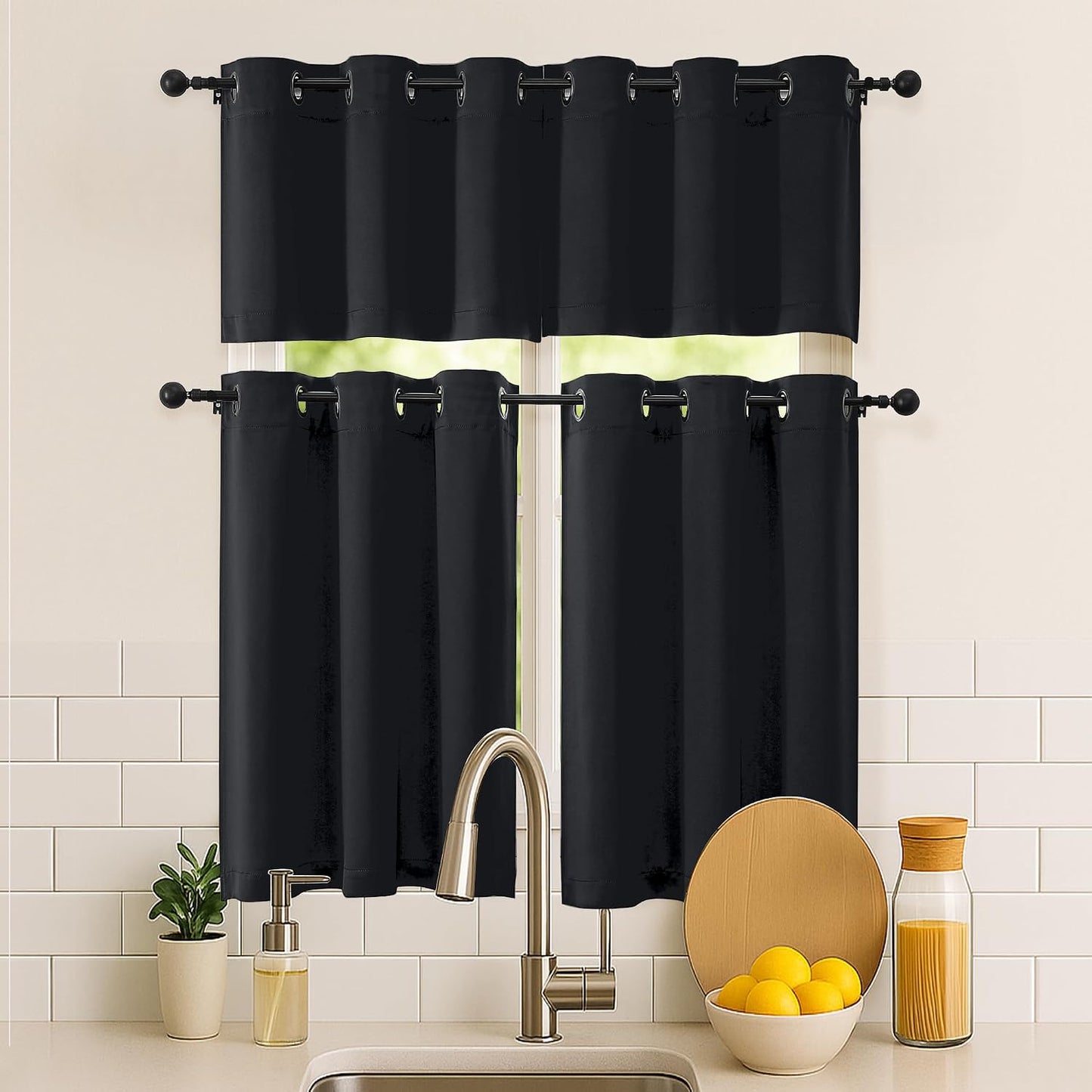 Simplebrand Halloween Black Short Kitchen Curtains 24 Inch Length 2 Panels Set, Small Windows Blackout Curtain for Bathroom, Room Darkening Thermal Insulated Short Drapes, 40 x 24 Inch, Black