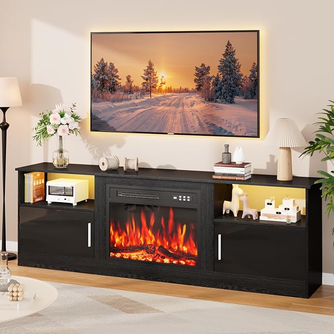 Fireplace TV Stand with 23" Electric Fireplace Heater Up to 80" TVs, Modern by PRETZI