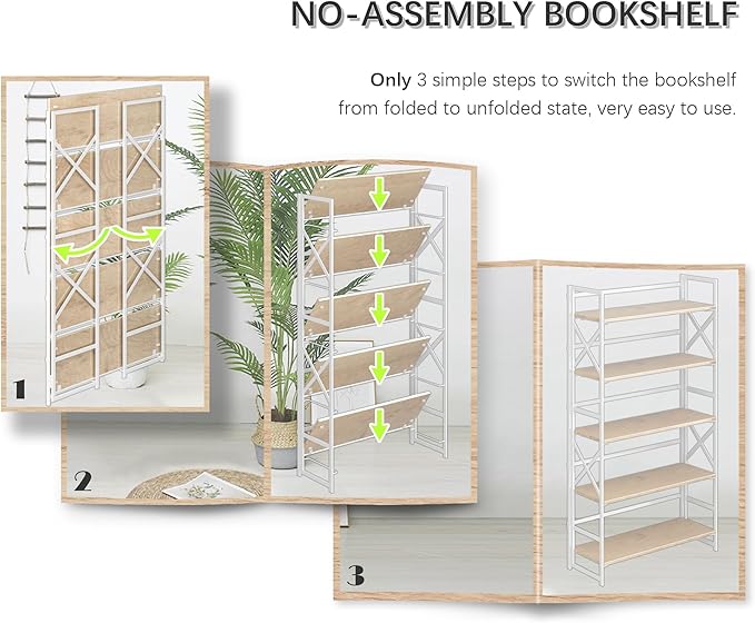 4NM Extra Wide 5 Tiers No Assembly Book Shelves, 51.2" H Folding Bookshelf - Image 6