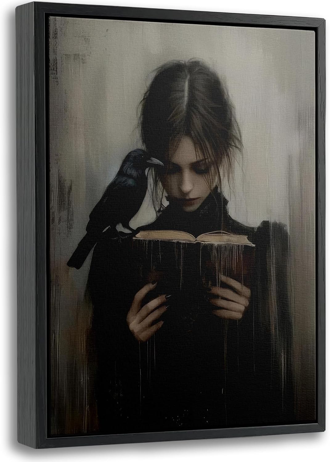 Framed Dark Academia Wall Art Gothic Girl Reading Wall Decor 8x10 Inch | Victorian Woman Wall Decor,Gothic Raven Picture Artwork for Library Corner Bedroom Dorm Study Home Decoration