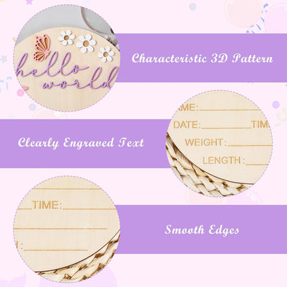 Hello World Newborn Sign, 5.9 Inch Wooden Baby Announcement Sign Pink Butterfly Style Birth Welcome Board for Newborn Boys Girls Photo Props Baby Shower Hospital Nursery (Purple)