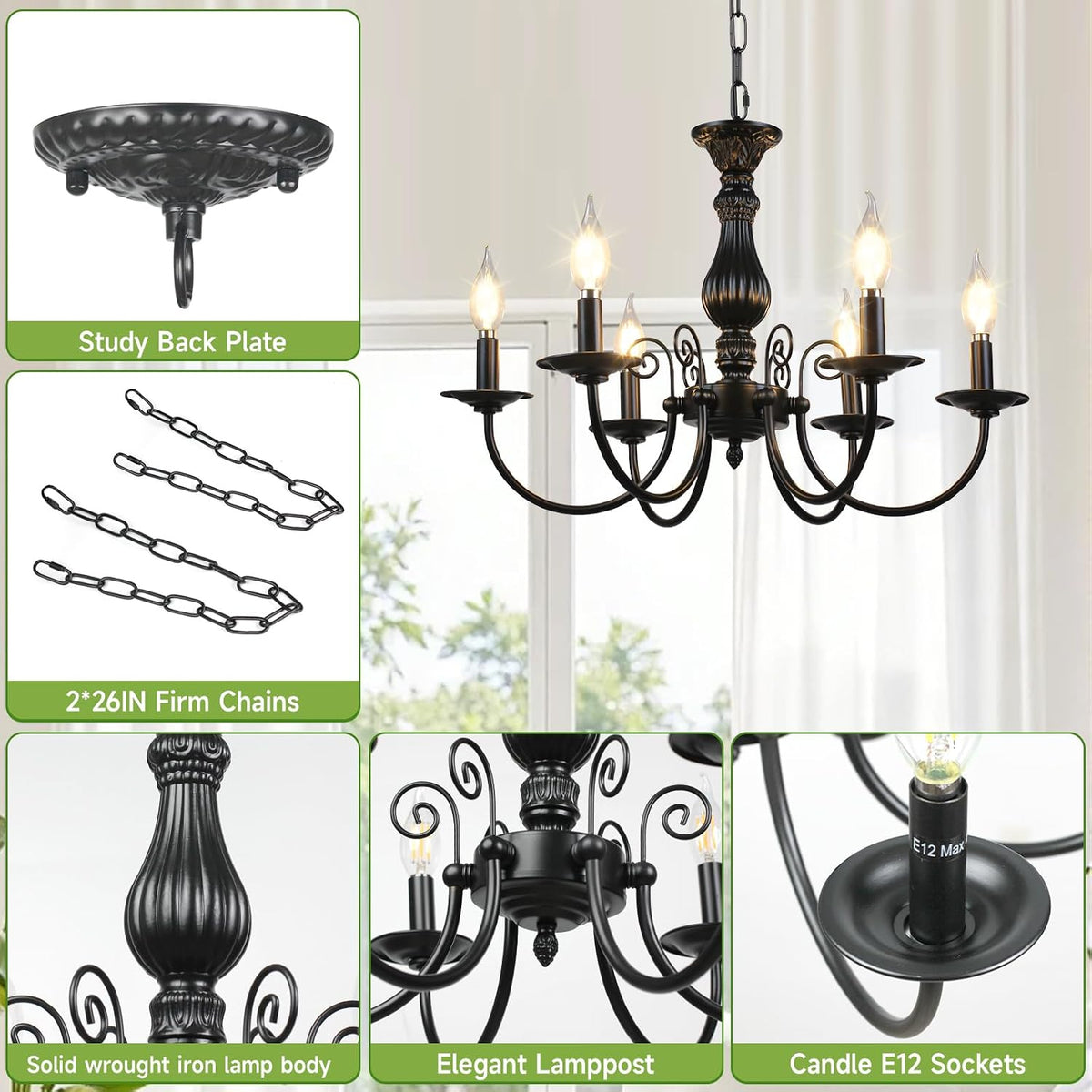 6-Light Farmhouse Chandelier for Dinning Room,Vintage Black Candle Hanging Pe...