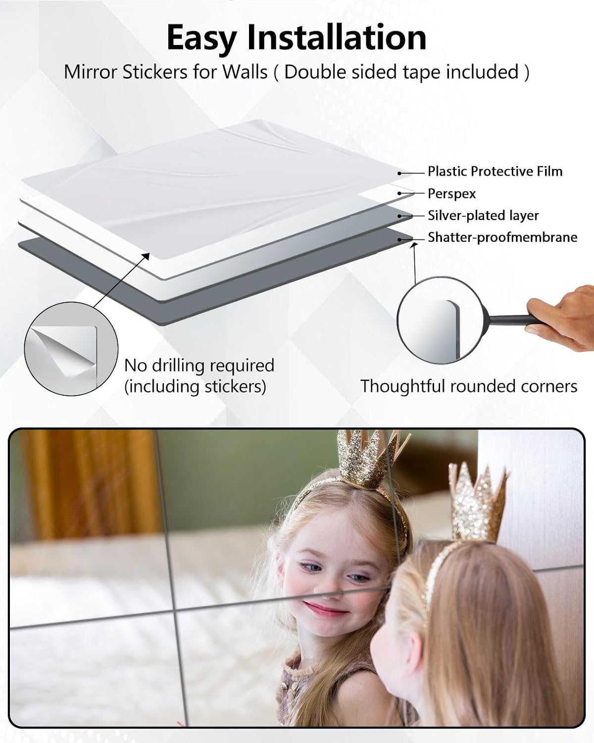 Unbreakable Mirror Tiles, 4PCS 8”x8” Peel And Stick on Mirror for Wall Mirrors Decorative, Toddlers for Kids Bedroom, Plastic Gym Frameless Door Small Adhesive Mirrors for Classroom Decor Stickers