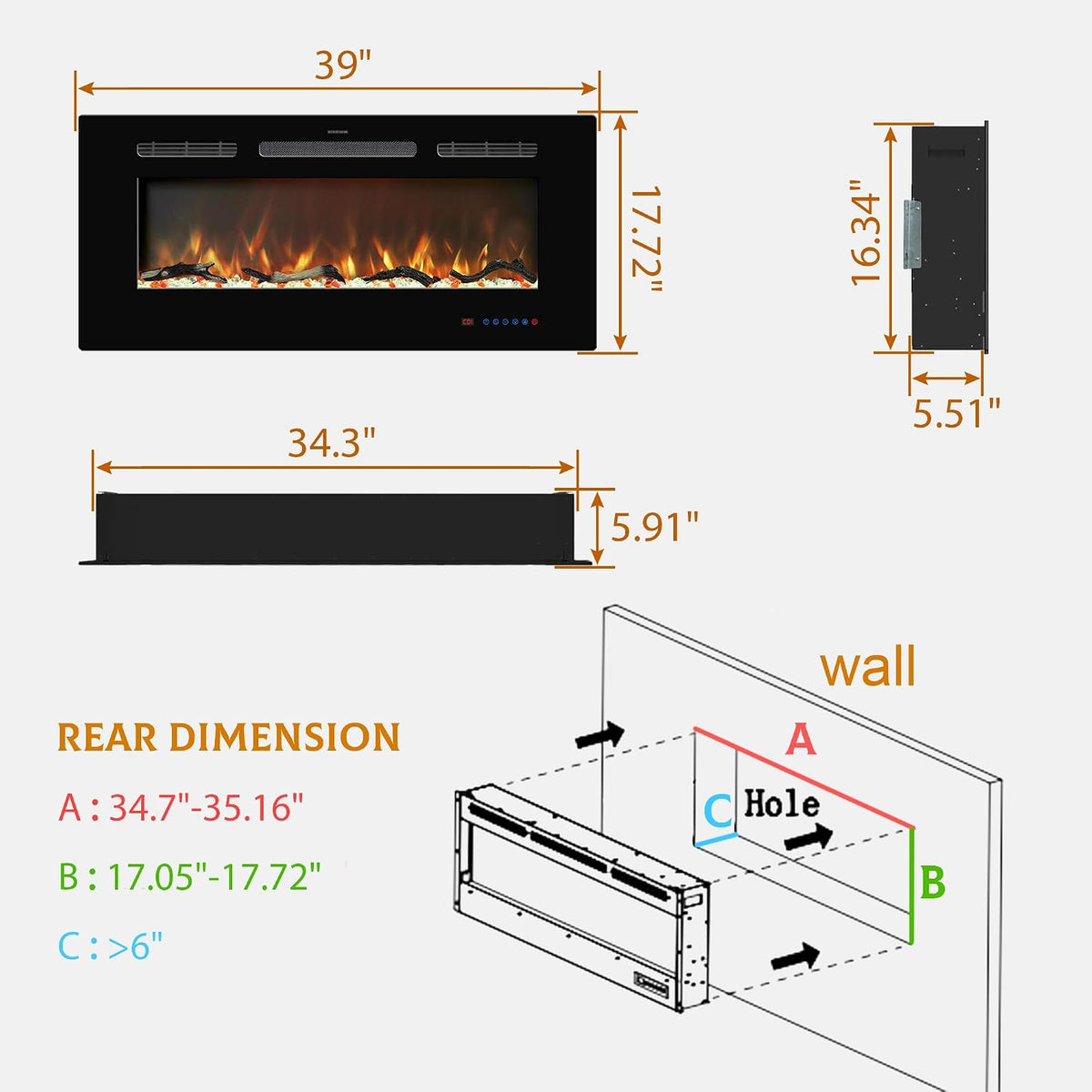 39" Electric Fireplace Inserts w/Thermostat, 9 Timer