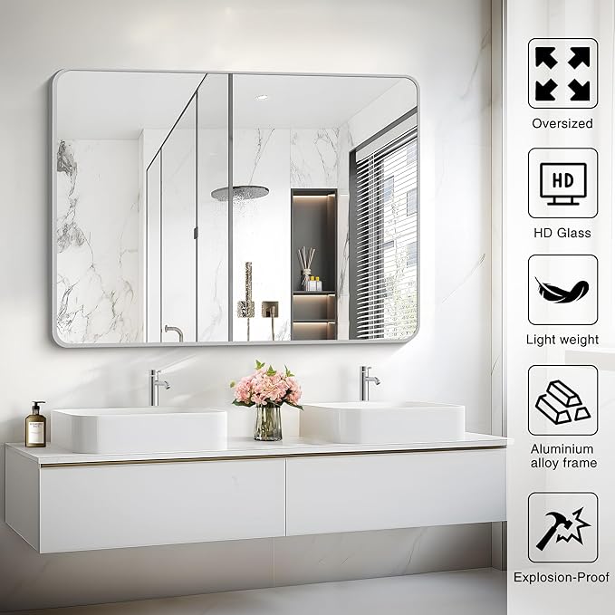 48x36 Inch Silver Bathroom Mirror, Large Rectangular Vanity Mirror, Metal - Image 5