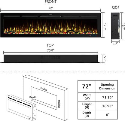 72" WiFi Electric Fireplace, Recessed and Wall Mounted Fireplace Heater - Image 4