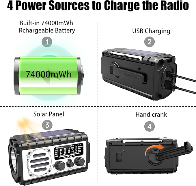 QAUYYW Emergency Radio, 20000mAh/74000mWh Weather Radio, Solar Hand Crank Radio - Image 7