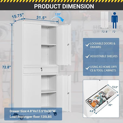 73" Metal Cabinet-White Heavy Duty Rolling Storage Cabinet Steel Tool Cabinets - Image 2