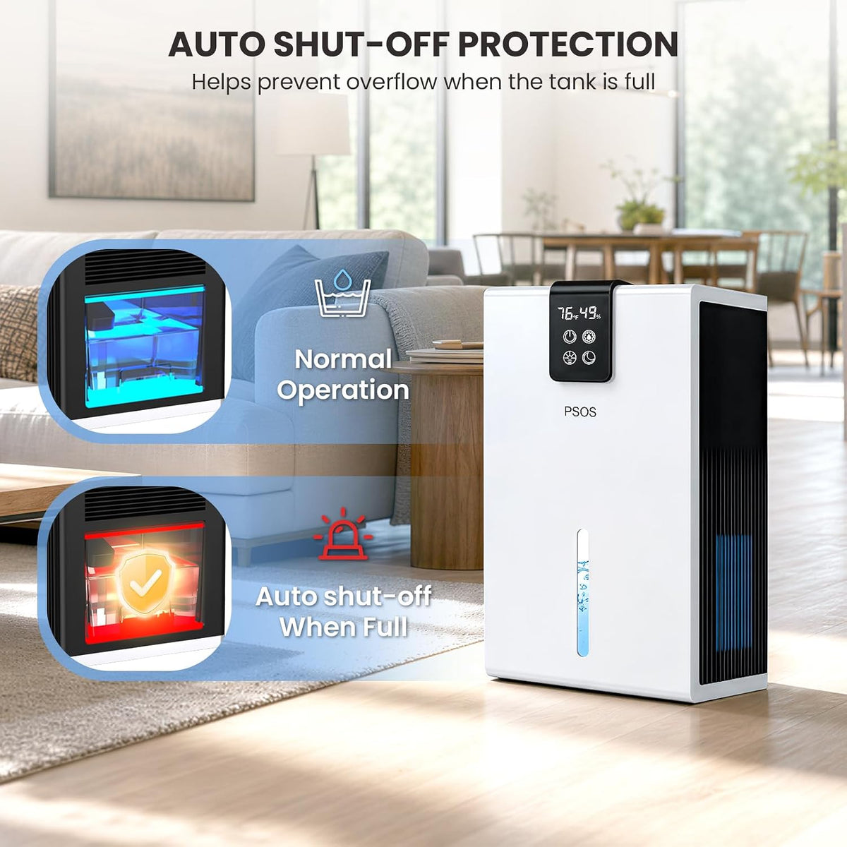 psos dehumidifier, dehumidifiers for home, 98 oz water on a desk or shelf