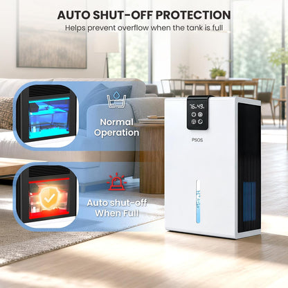 psos dehumidifier, dehumidifiers for home, 98 oz water on a desk or shelf