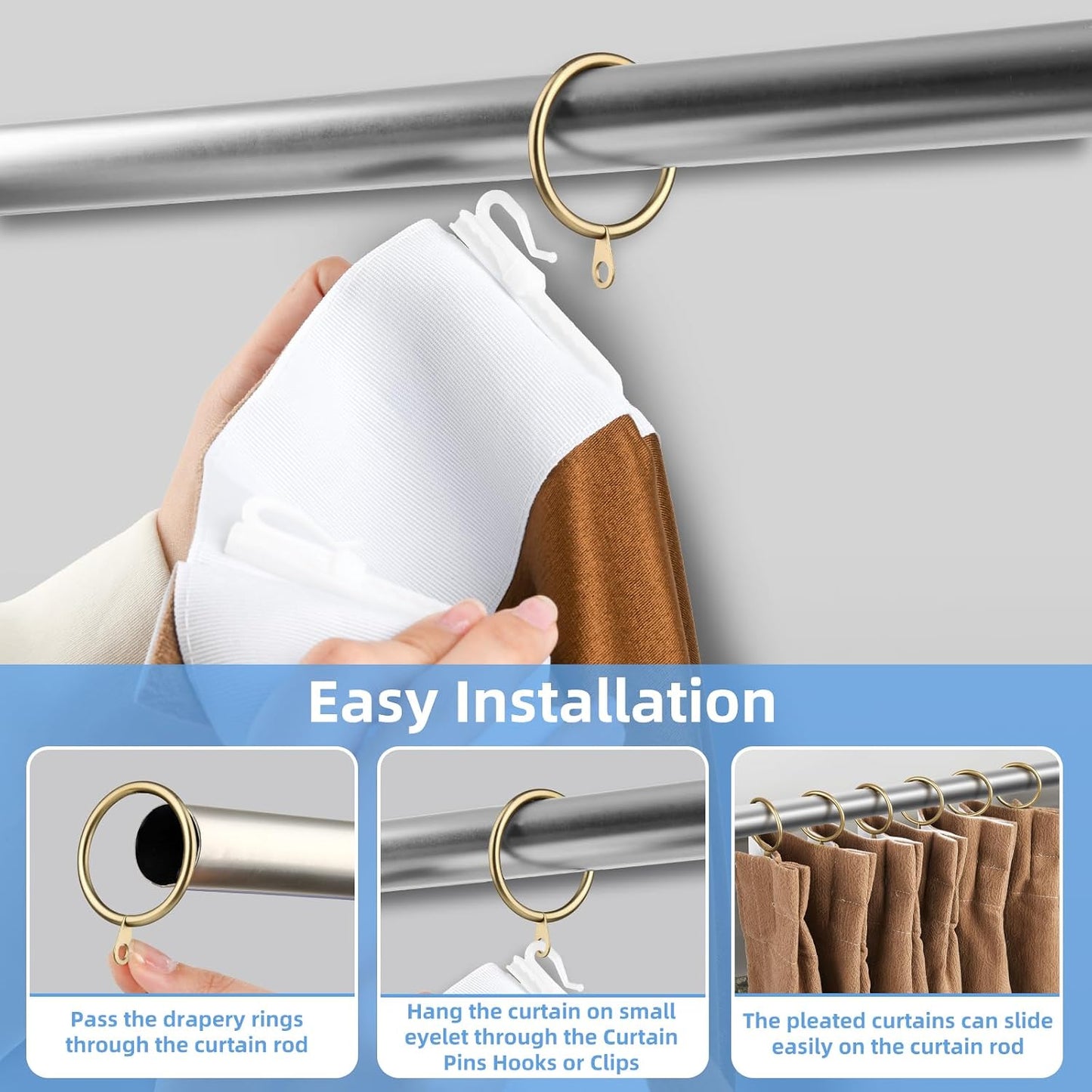 Curtain Rings with Flat Eyelets, 48 Pack Metal Drapery Rings Curtain Hanging Rings for Pinch Pleat Curtains Panels, 1.5 Inch I D, Drape Rings Fits Up to 1.2 in Curtains Rod, Warm Gold