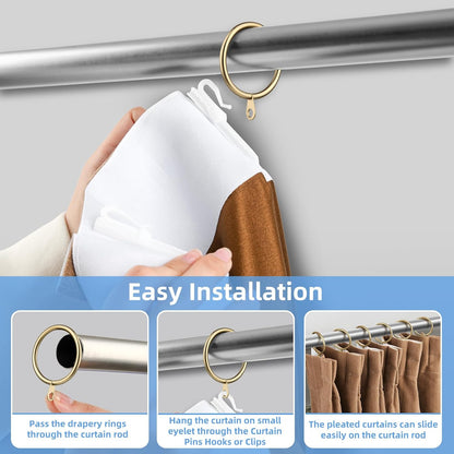 Curtain Rings with Flat Eyelets, 48 Pack Metal Drapery Rings Curtain Hanging Rings for Pinch Pleat Curtains Panels, 1.5 Inch I D, Drape Rings Fits Up to 1.2 in Curtains Rod, Warm Gold