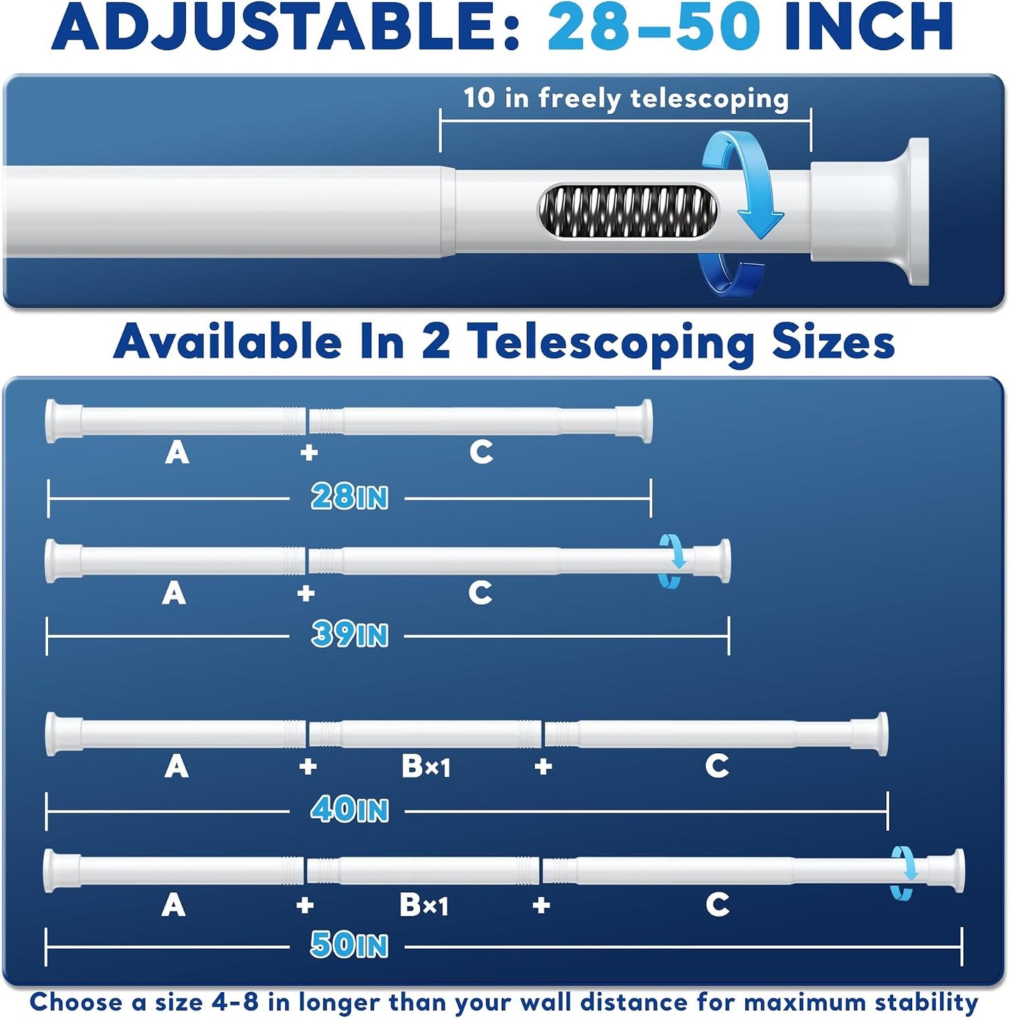 BSLXLSX Tension Curtain Rod 28-48 Inch,No Drill,1" Diameter,White | Adjustable‑Length, Firmly Fixed, No Slip,For Windows, Bathrooms, Hallways and Room Division,Also Works As Shower Curtain Rod